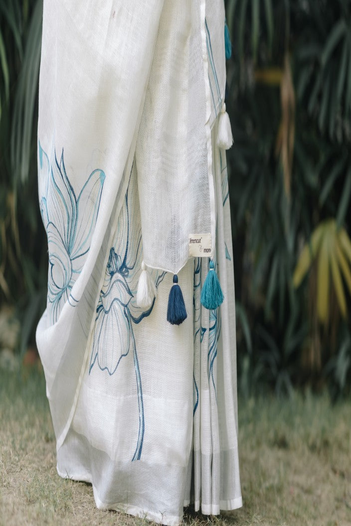 Azure Bloom Linen Saree