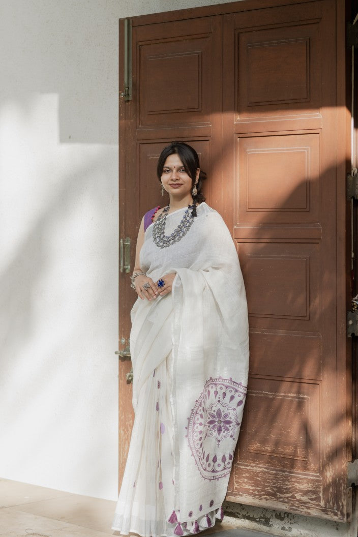 Plum Mandala Linen Saree