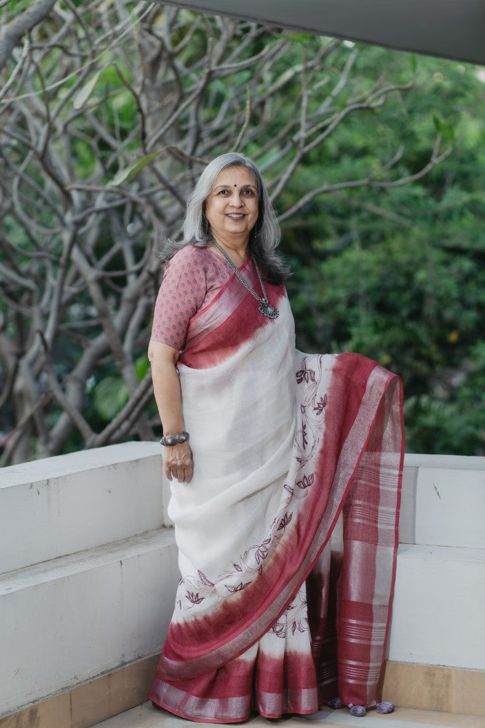 Crimson Vine Linen Saree