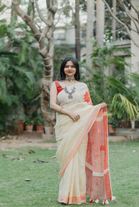 Cream Lotus Blush Linen Saree