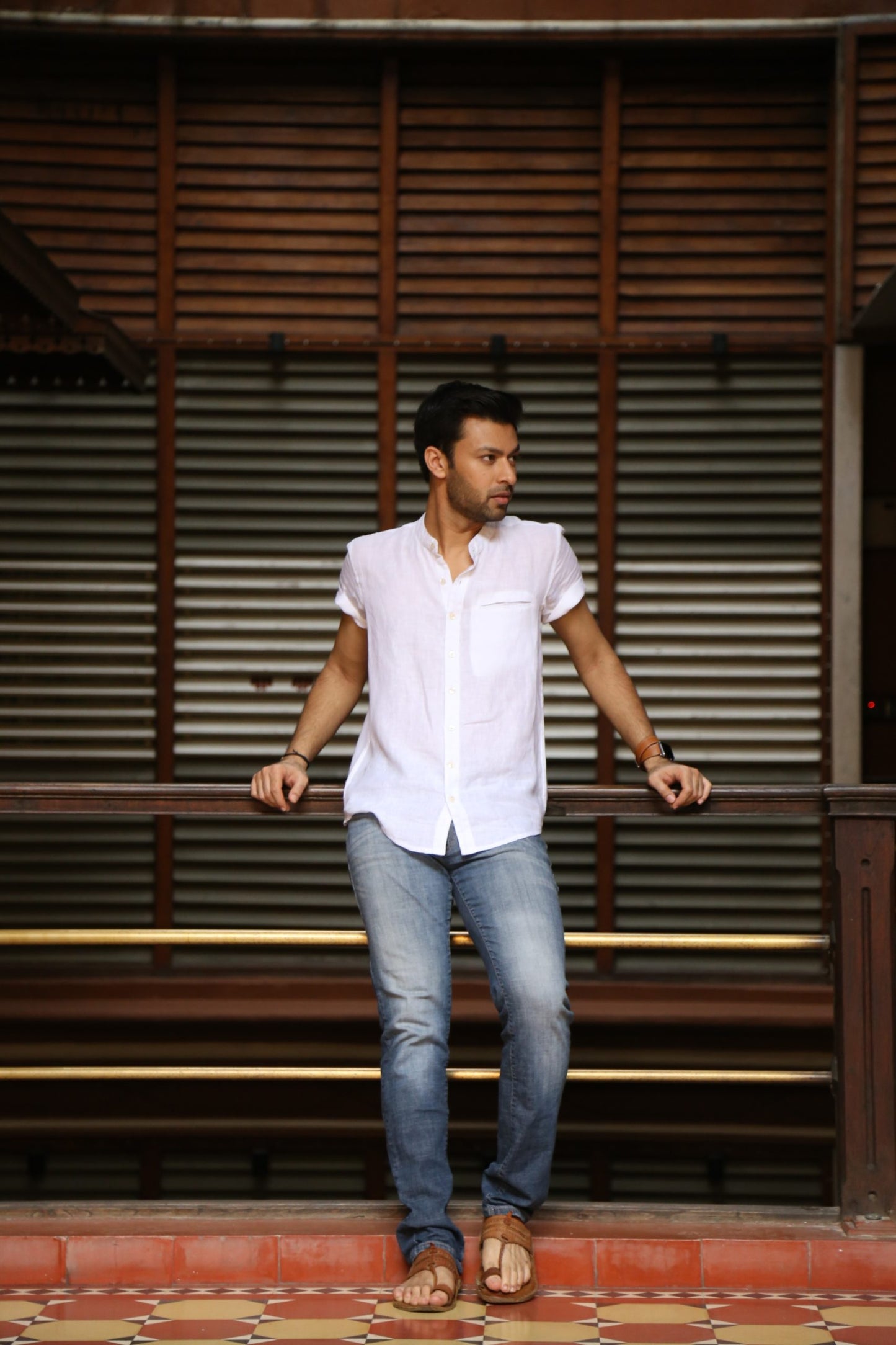 Linen Classic Mandarin Collar Shirt for Men