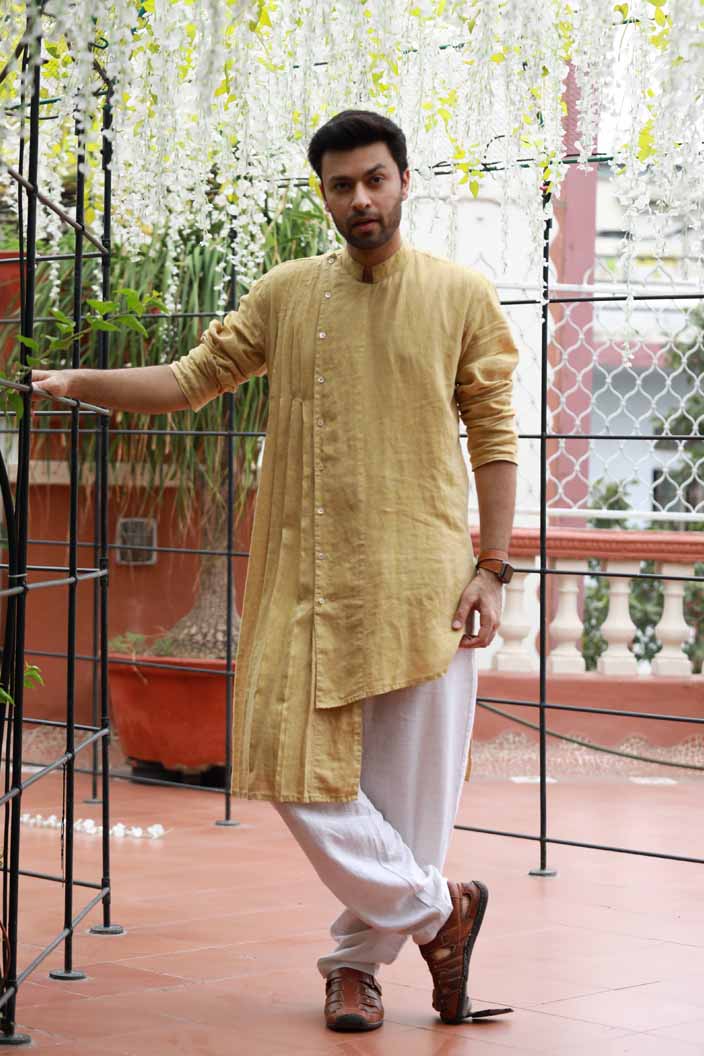 Linen One Sided Pleated Kurta for Men