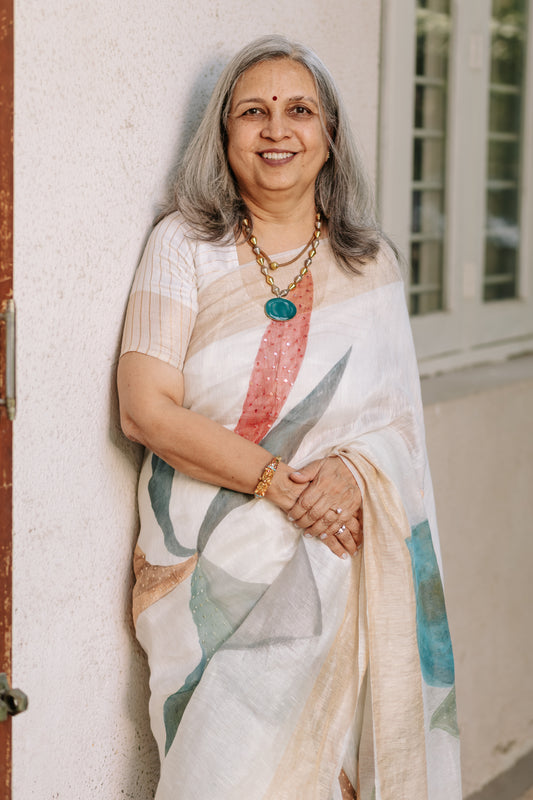 Ivory Bloom Linen Saree