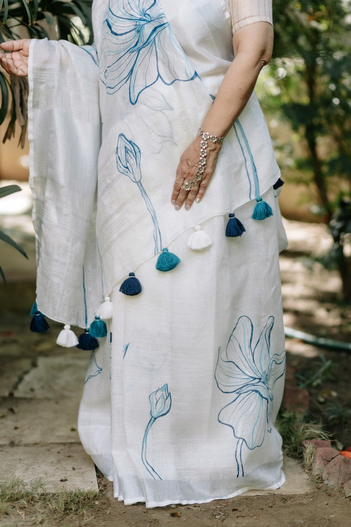 Azure Bloom Linen Saree