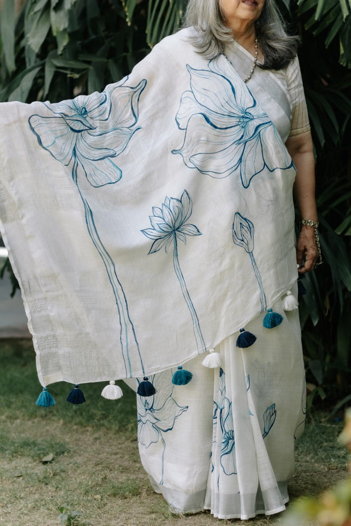 Azure Bloom Linen Saree