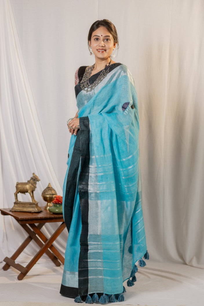 Aqua Noir Linen Saree