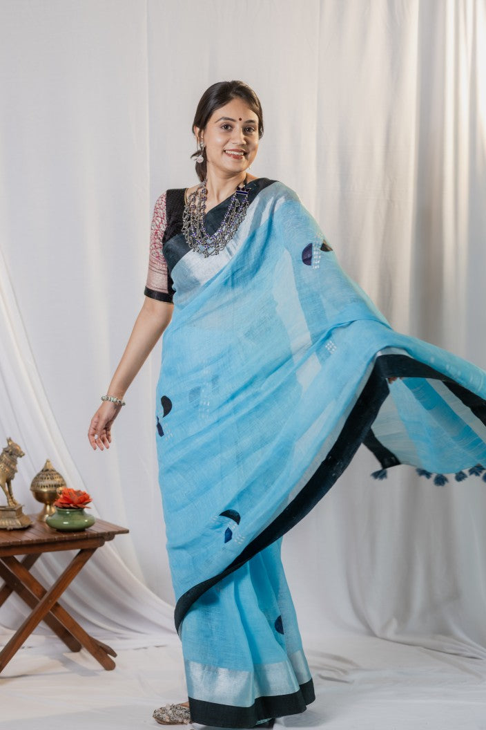 Aqua Noir Linen Saree