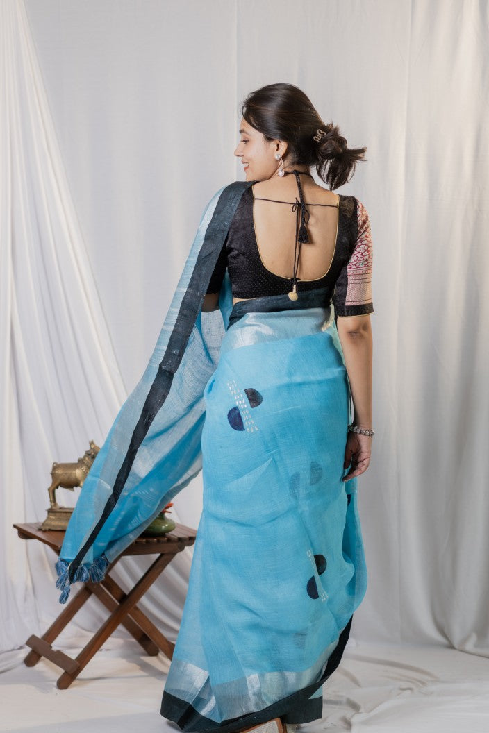 Aqua Noir Linen Saree