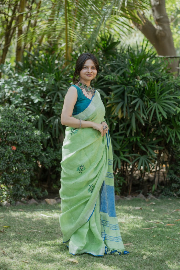Verdant Bloom Linen Saree