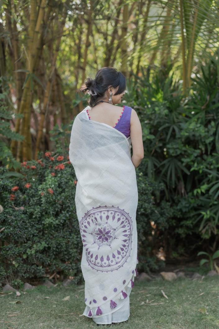 Plum Mandala Linen Saree