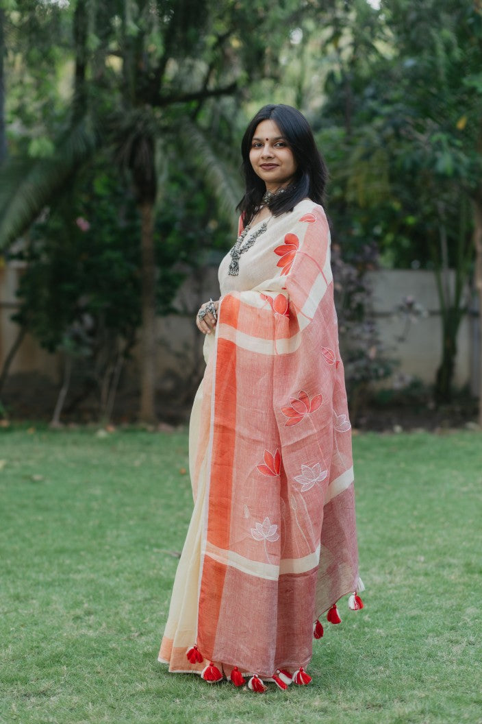 Cream Lotus Blush Linen Saree
