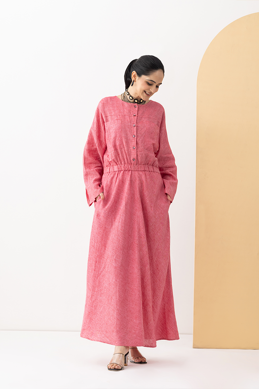 Rosé Bloom Linen Maxi Dress