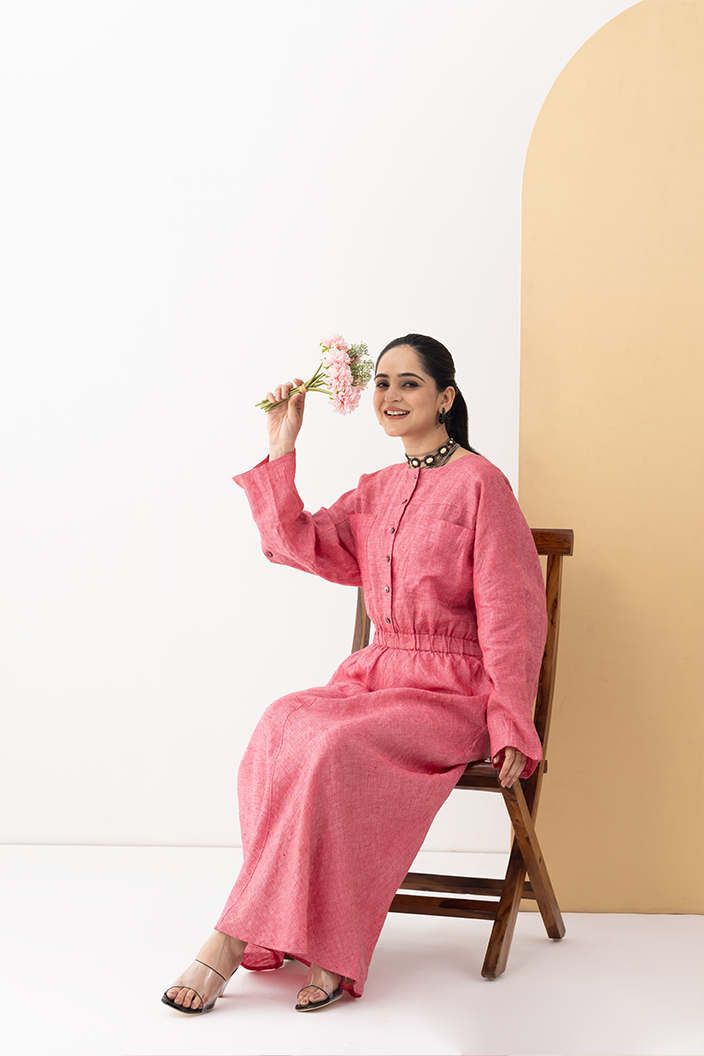 Rosé Bloom Linen Maxi Dress