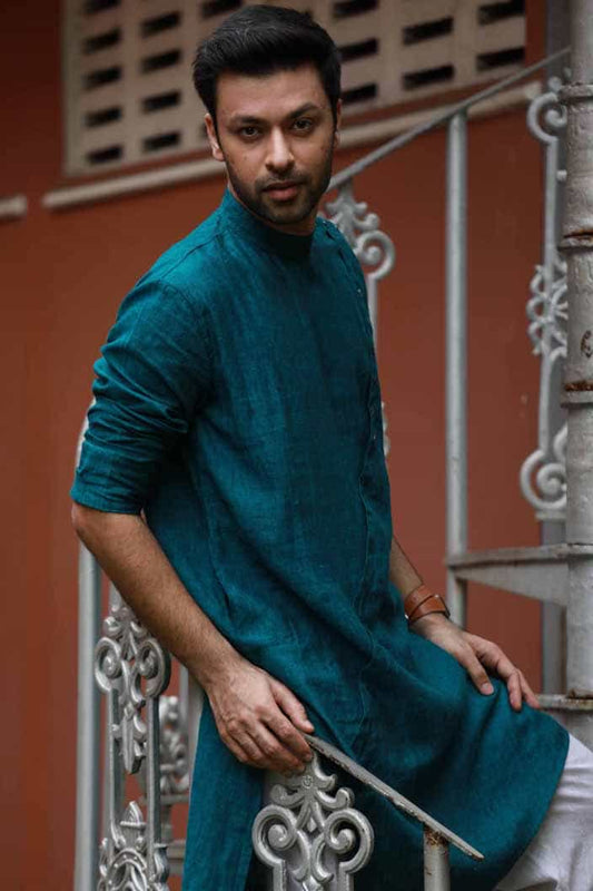 Linen Asymmetric Button Placket Kurta for Men