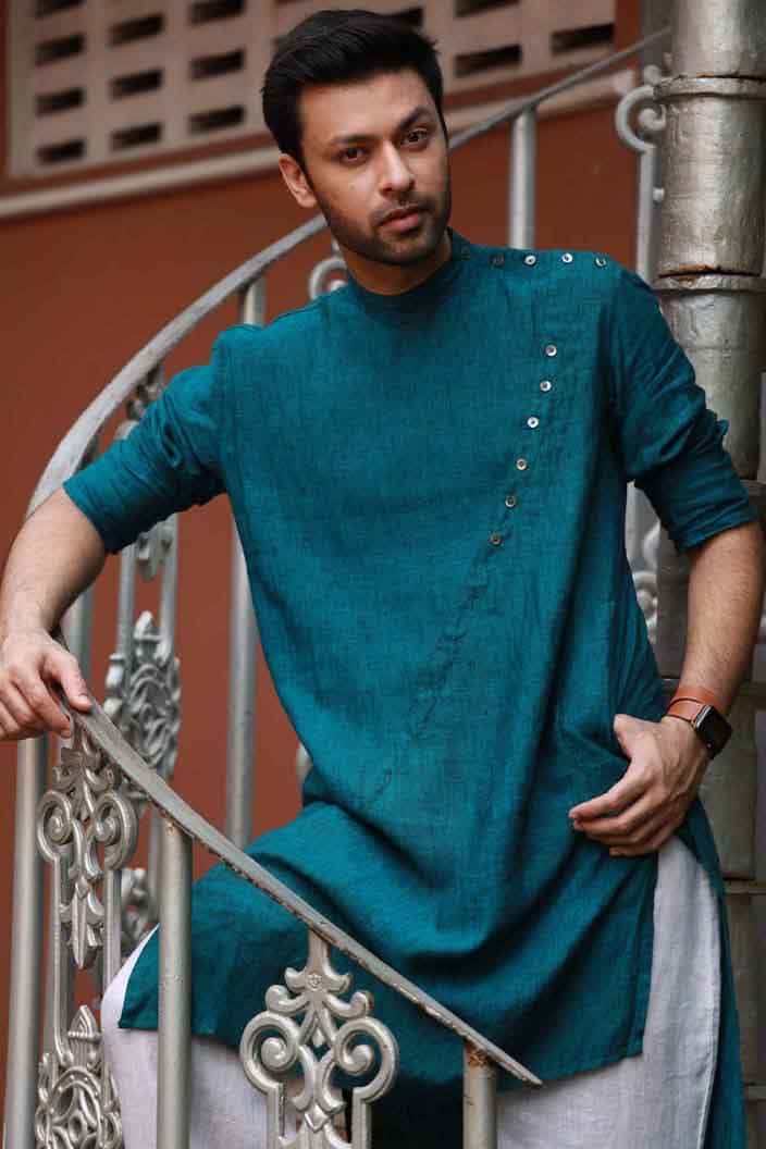 Linen Asymmetric Button Placket Kurta for Men