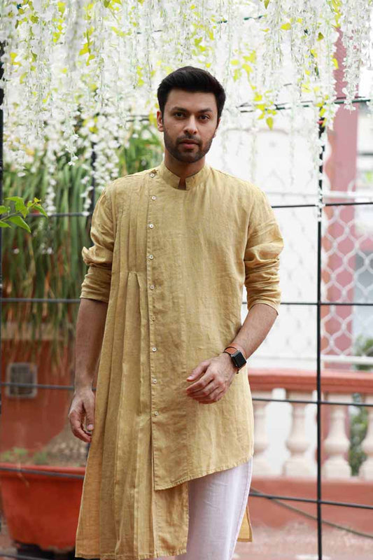 Linen One Sided Pleated Kurta for Men