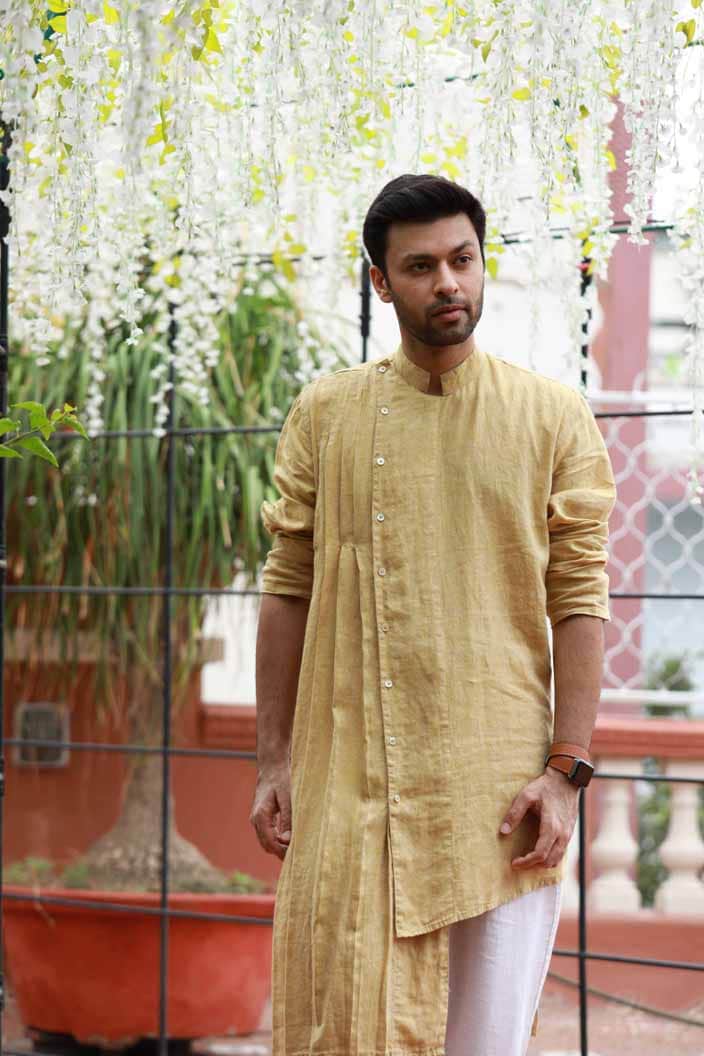 Linen One Sided Pleated Kurta for Men