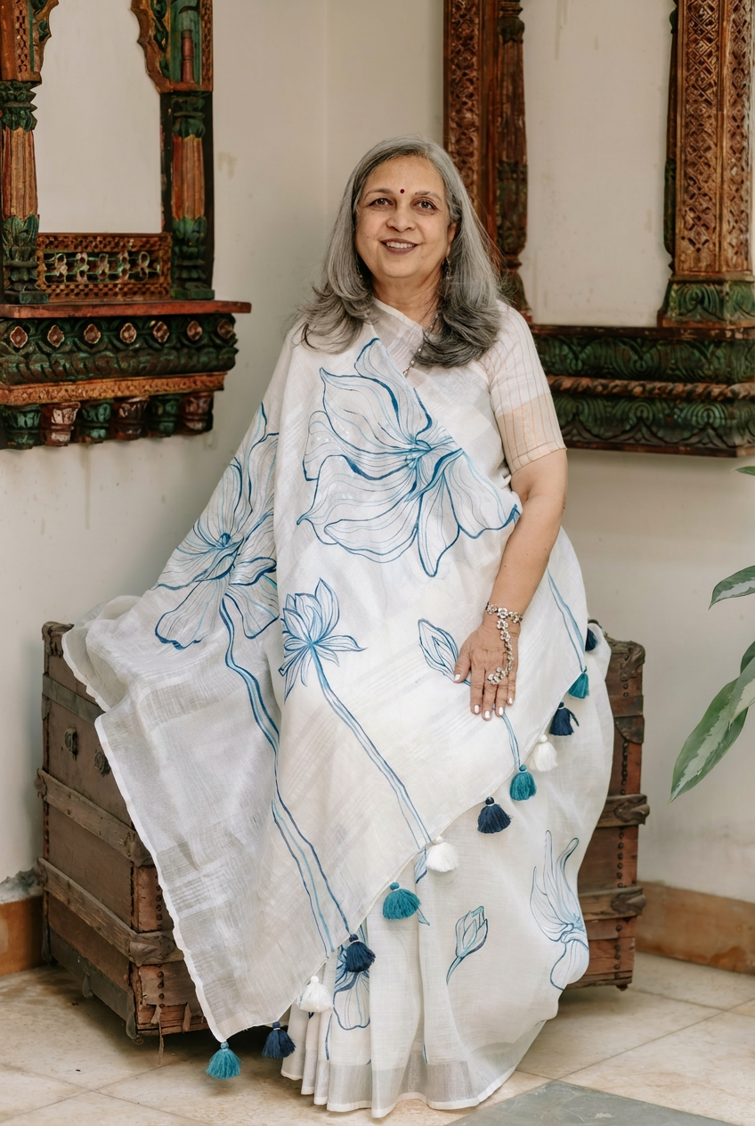 Azure Bloom Linen Saree
