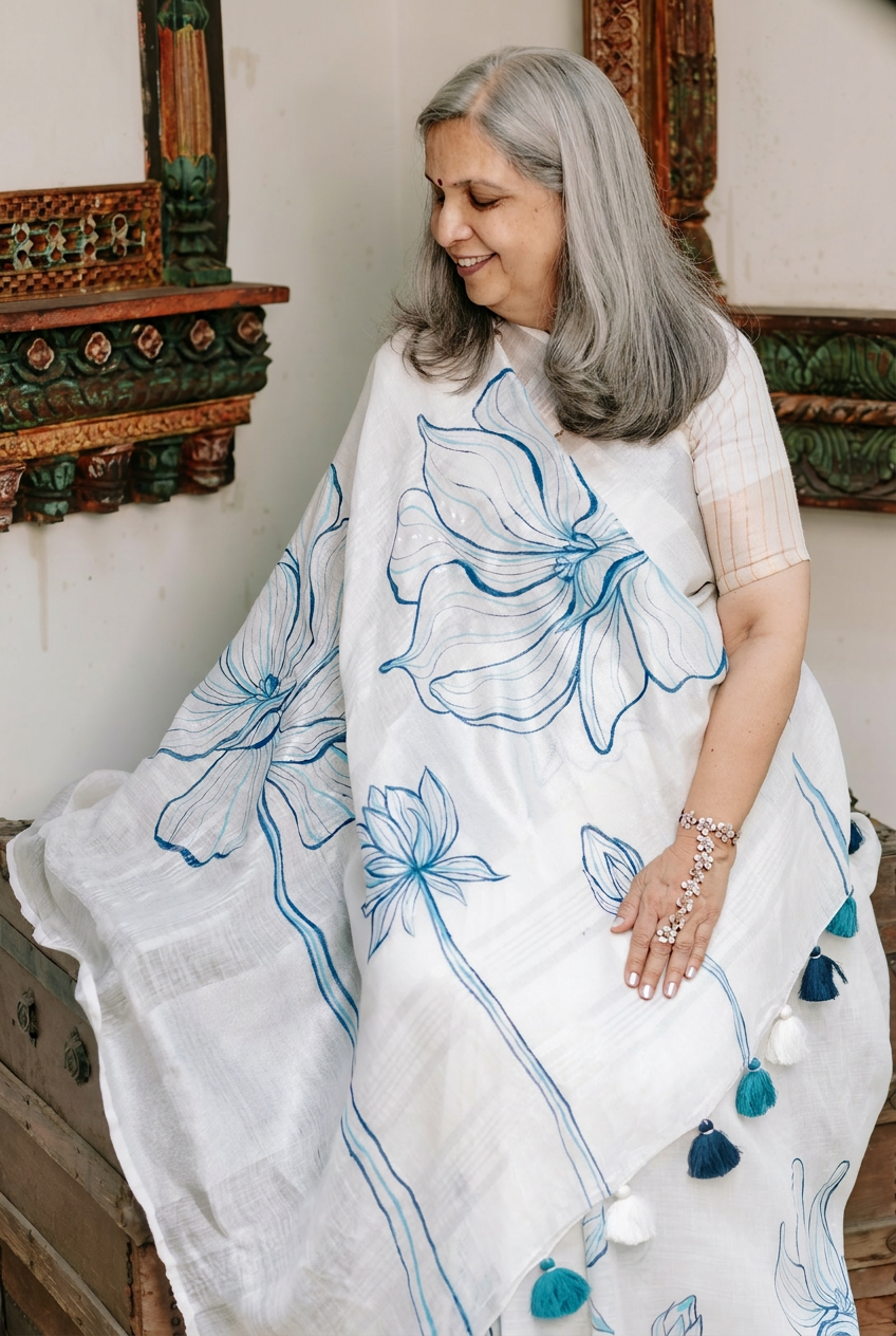 Azure Bloom Linen Saree