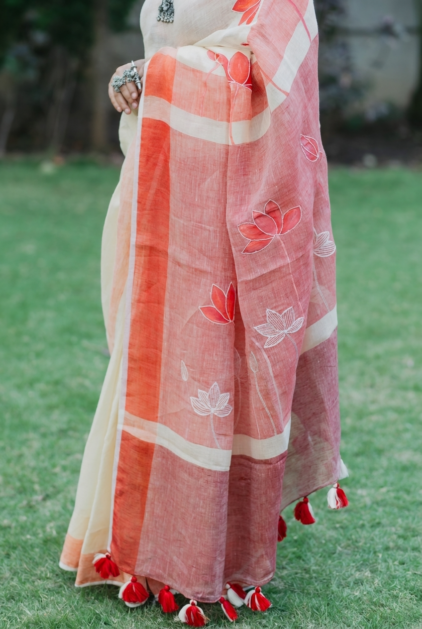 Cream Lotus Blush Linen Saree