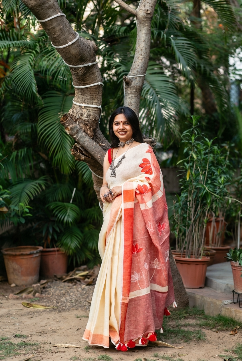 Cream Lotus Blush Linen Saree