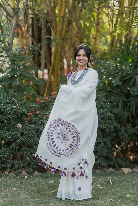 Plum Mandala Linen Saree