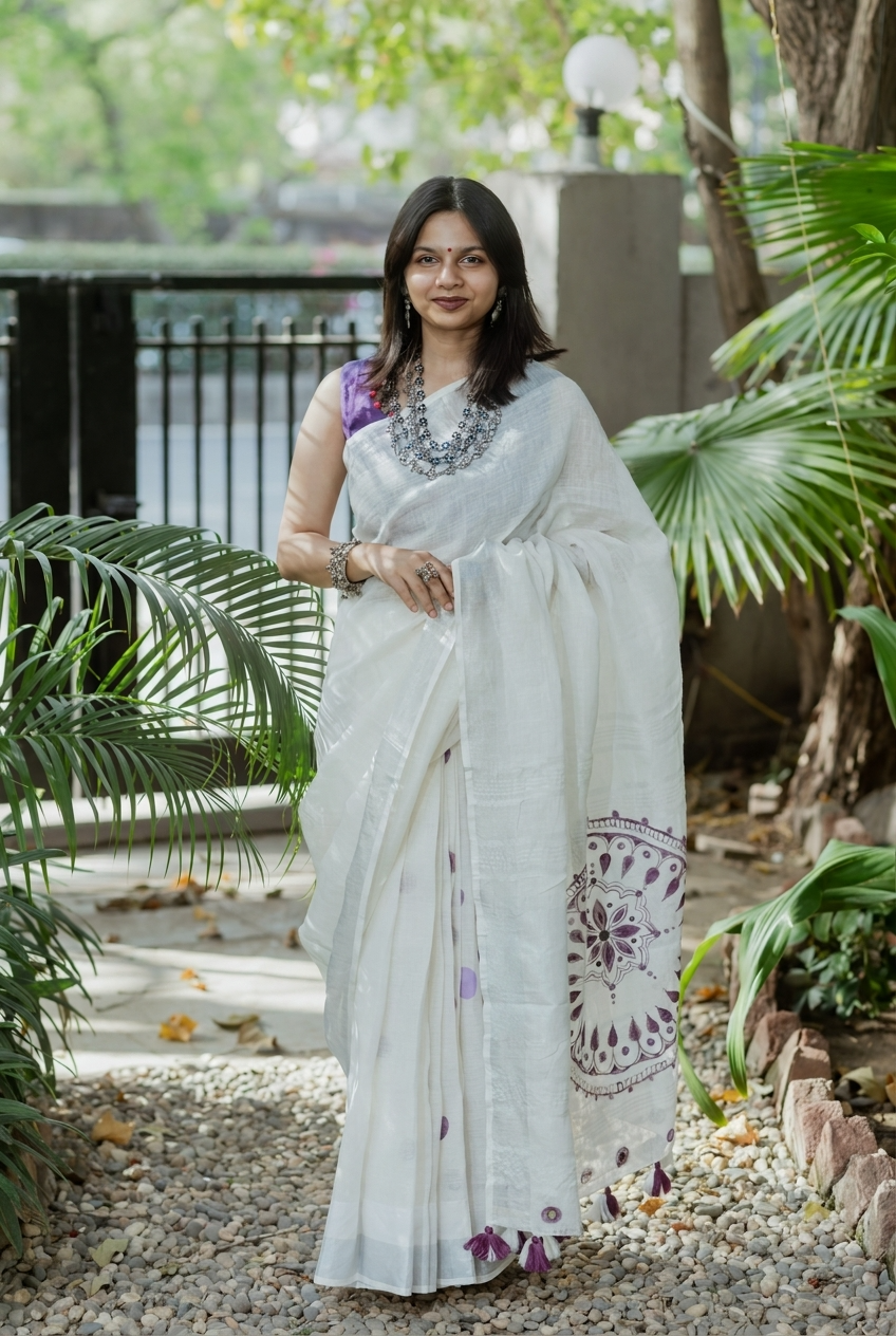 Plum Mandala Linen Saree