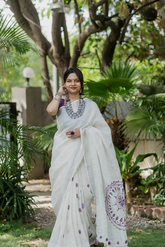 Plum Mandala Linen Saree
