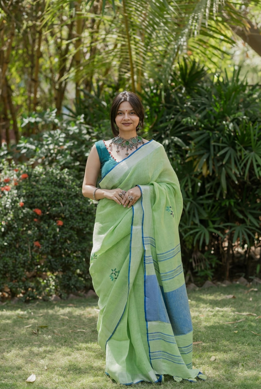 Verdant Bloom Linen Saree