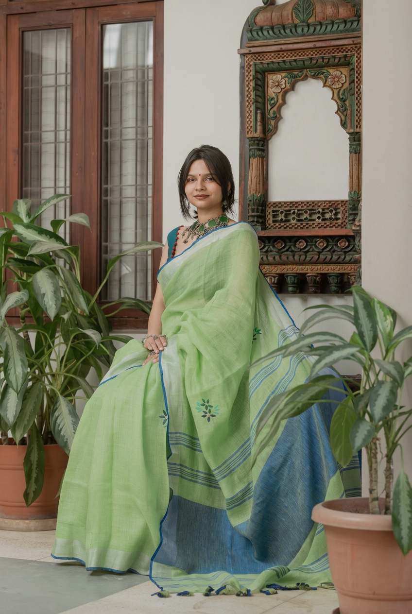 Verdant Bloom Linen Saree