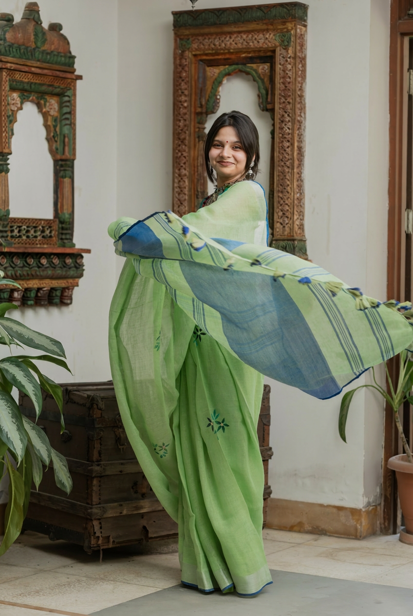 Verdant Bloom Linen Saree