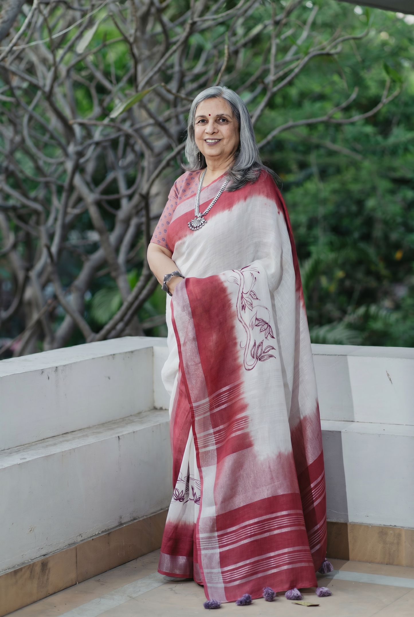 Crimson Vine Linen Saree