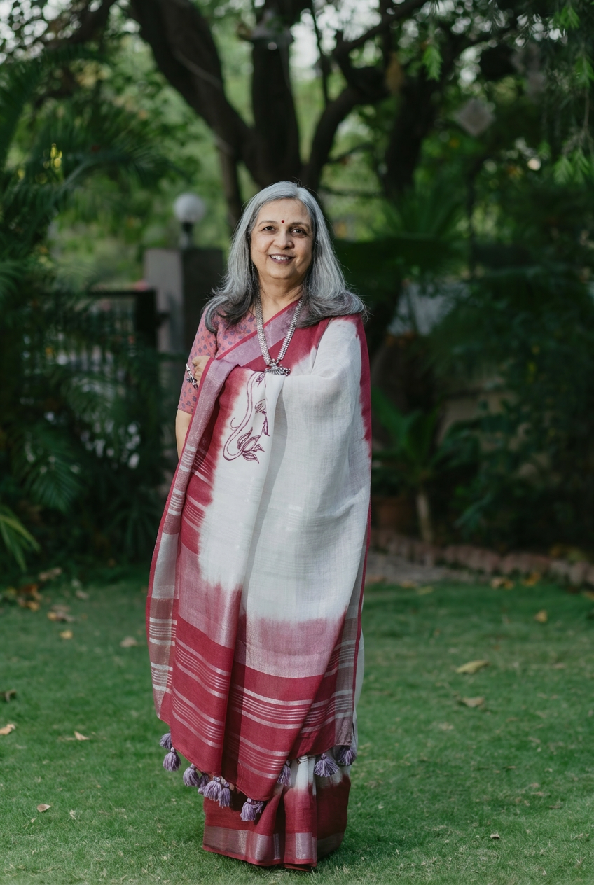 Crimson Vine Linen Saree
