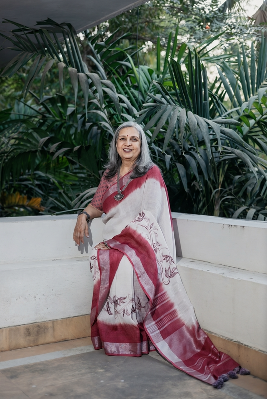 Crimson Vine Linen Saree