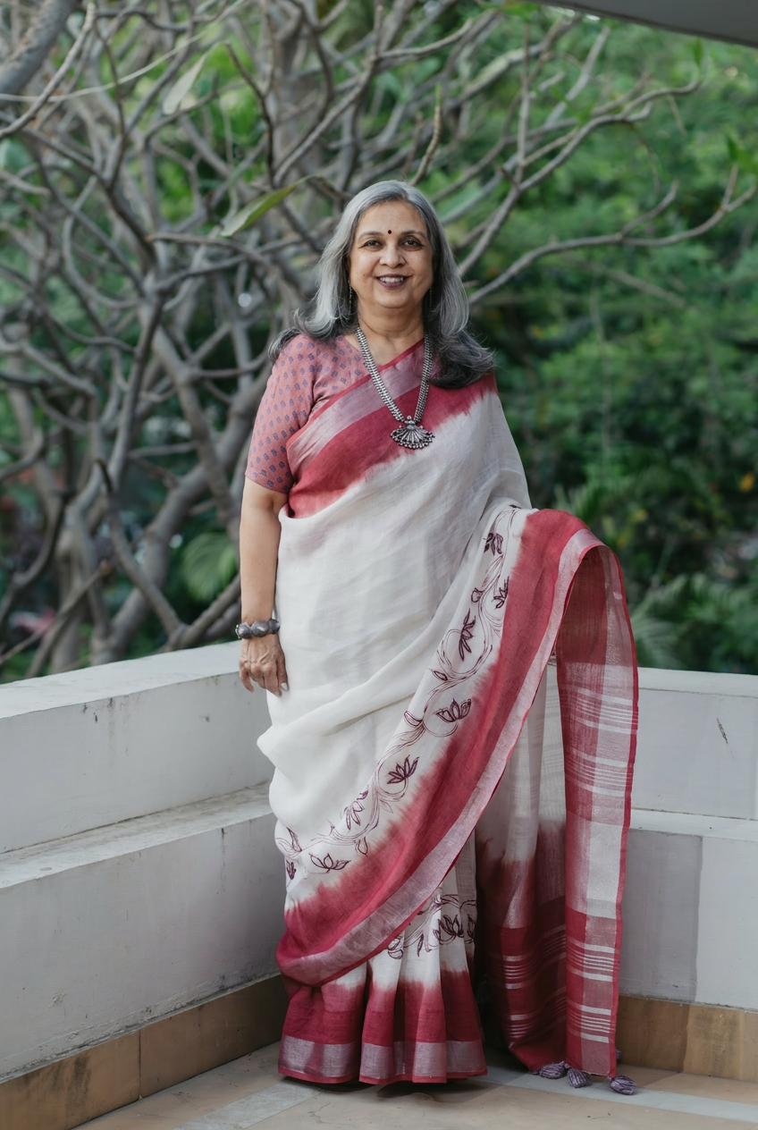 Crimson Vine Linen Saree