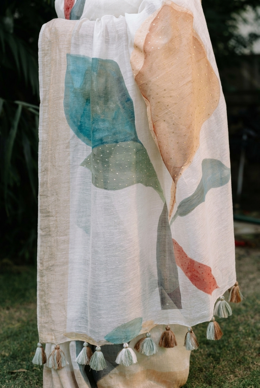 Ivory Bloom Linen Saree