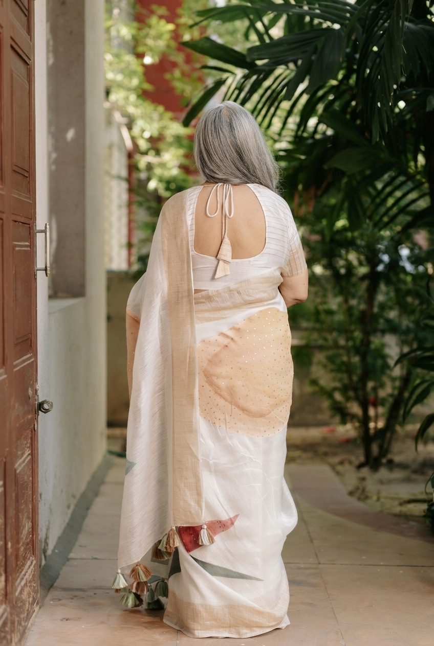Ivory Bloom Linen Saree