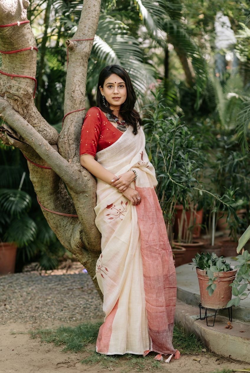 Blush Meadow Linen Saree
