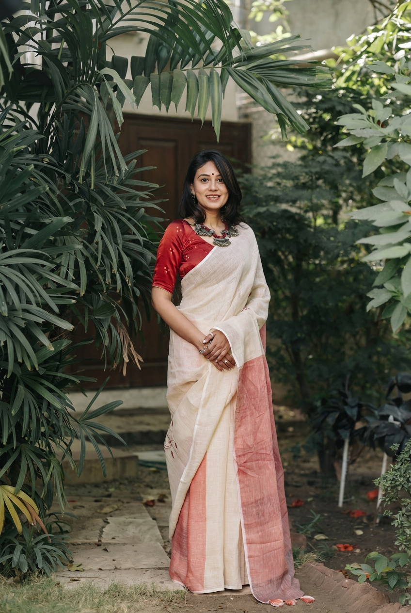 Blush Meadow Linen Saree