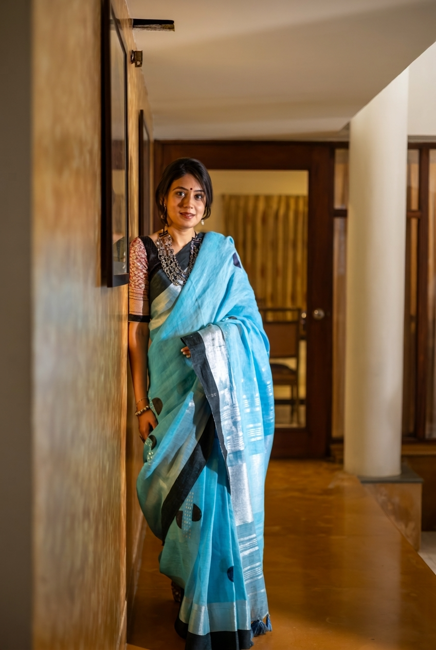 Aqua Noir Linen Saree