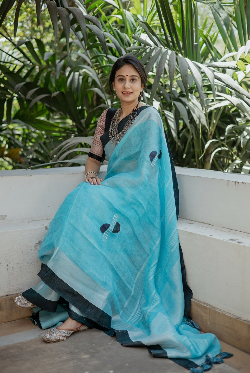 Aqua Noir Linen Saree